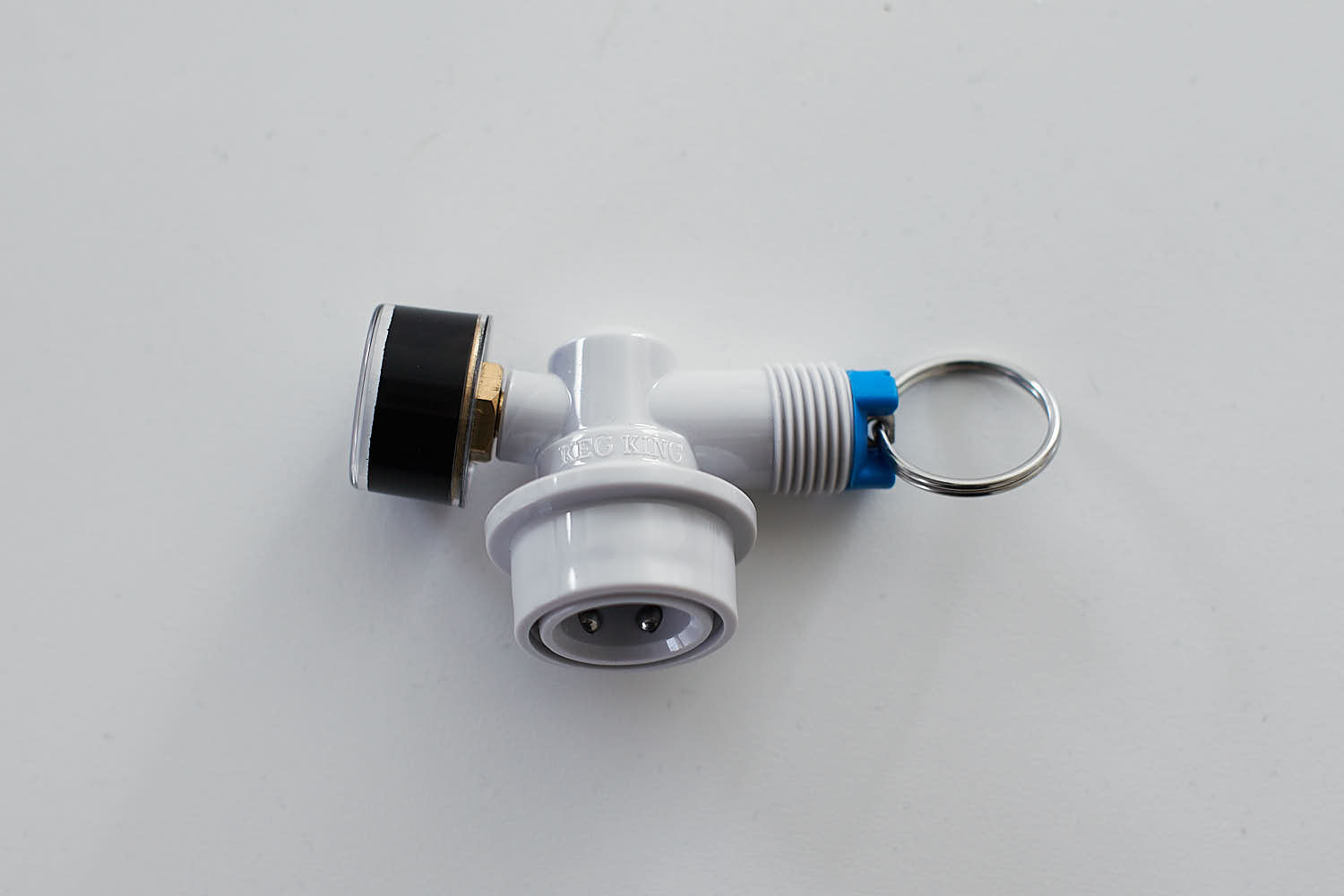 Keg King Spundy spunding valve left side view with blue 10psi PRV inserted for added safety and flexibiliy.